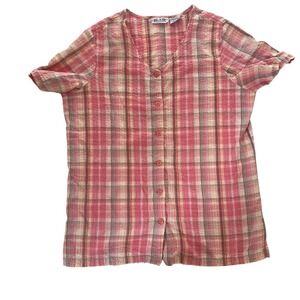 VTG Blair‎ Women's Size L Seersucker Top Pink Green Yellow Plaid 100% Cotton